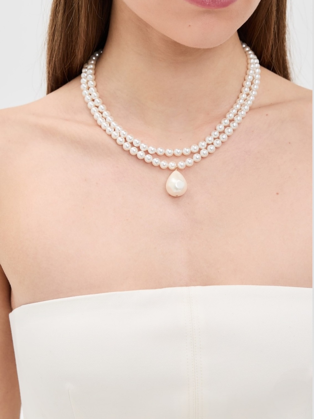 Lyla Necklace Double-Strand White Pearl Necklace with Teardrop Pendant